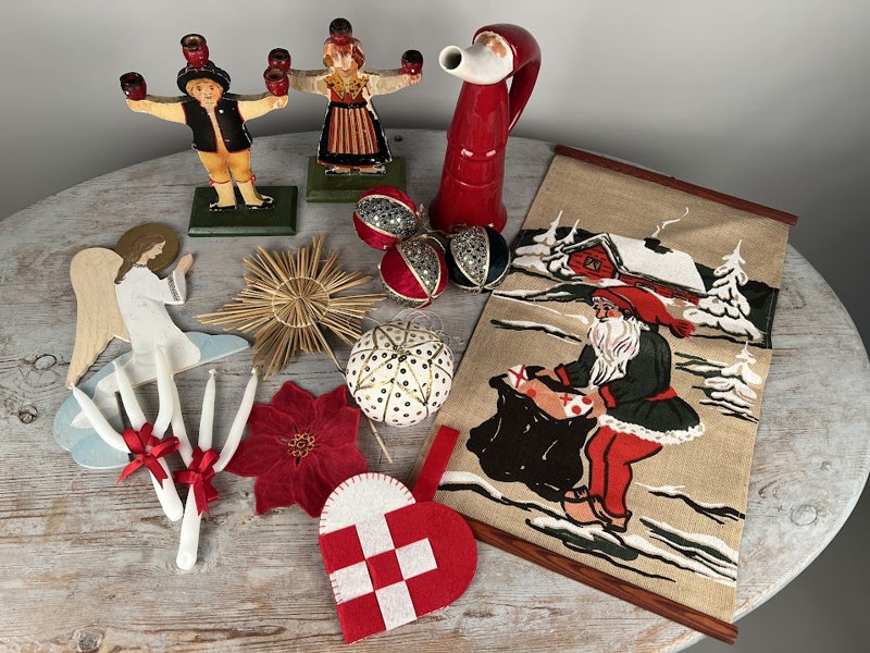 Diverse julsaker kanna, ängelsiluett i trä+bonad mm