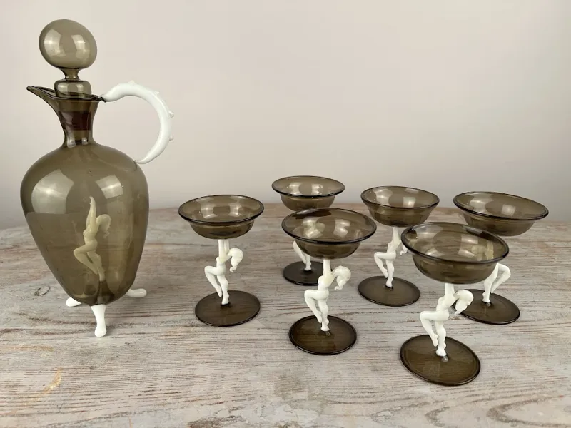 Art Deco Glaskaraff med 6 glas